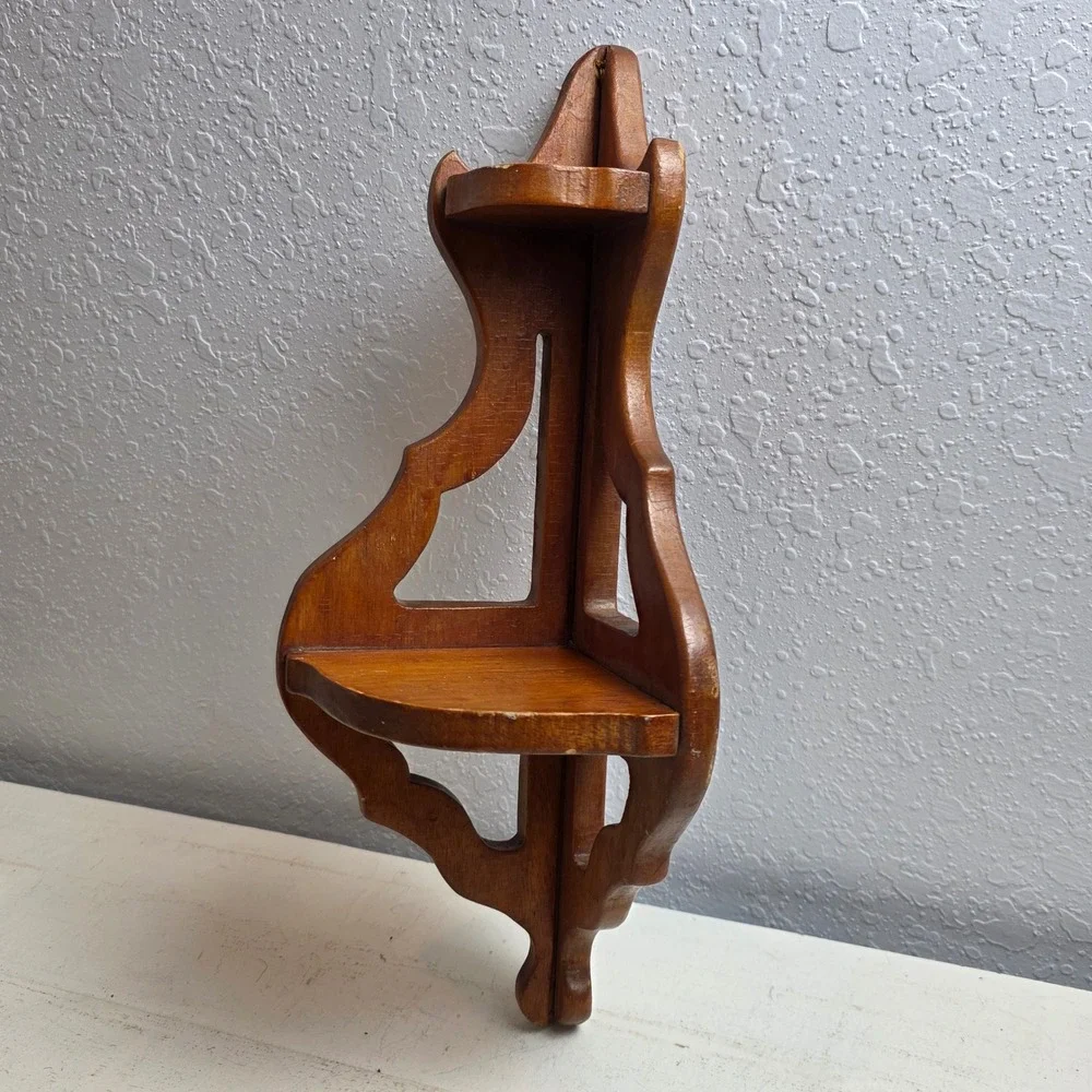 Vintage Wooden Corner Small Wall Shelf 2 Tier Scrollwork Display Rack Brown Wood